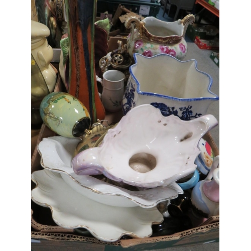 169 - THREE TRAYS OF ASSORTED CERAMICS AND GLASS TO INCLUDE A BLUE/WHITE PLANTER