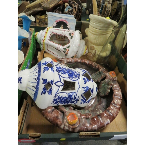 169 - THREE TRAYS OF ASSORTED CERAMICS AND GLASS TO INCLUDE A BLUE/WHITE PLANTER