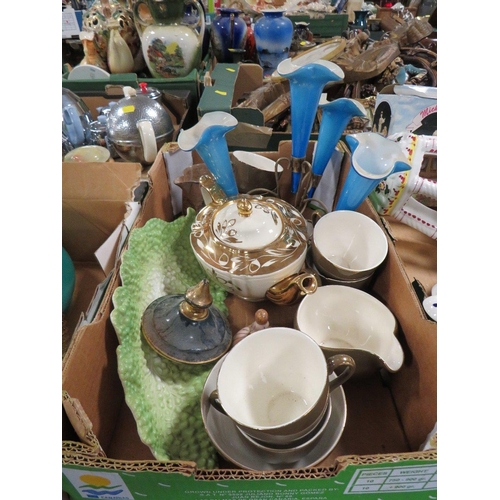 169 - THREE TRAYS OF ASSORTED CERAMICS AND GLASS TO INCLUDE A BLUE/WHITE PLANTER