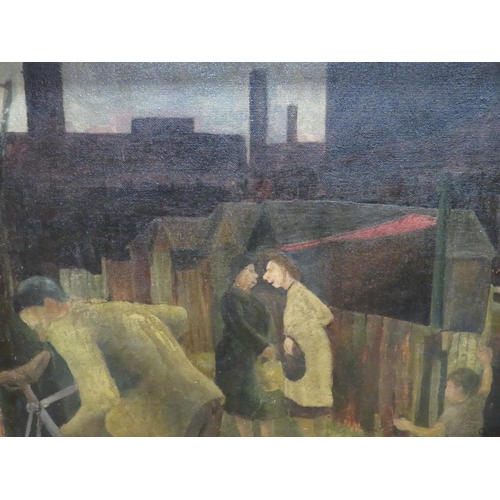 17 - A NORTHERN INDUSTRIAL OIL ON BOARD WITH FIGURES SIGNED BUT INDISTINCT  56 X 75 CM