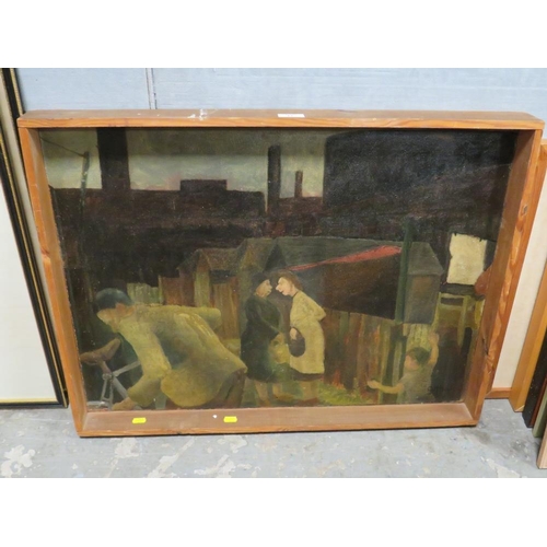 17 - A NORTHERN INDUSTRIAL OIL ON BOARD WITH FIGURES SIGNED BUT INDISTINCT  56 X 75 CM