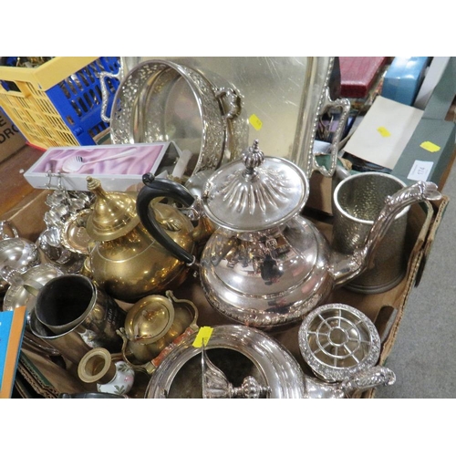 174 - TWO TRAYS OF ASSORTED METAL WARE AND COLLECTABLES TO INCLUDE TEA POTS