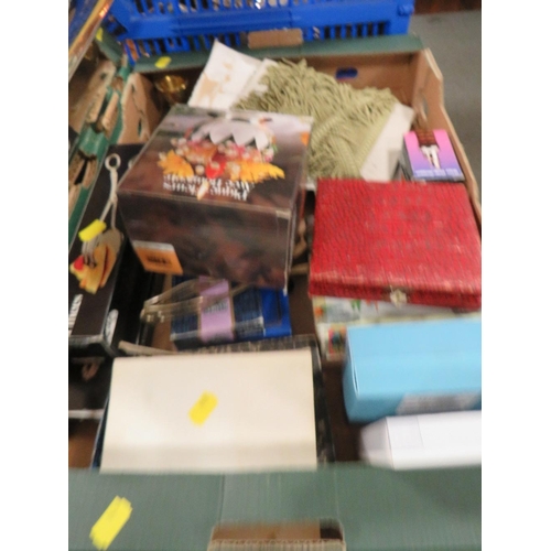 174 - TWO TRAYS OF ASSORTED METAL WARE AND COLLECTABLES TO INCLUDE TEA POTS