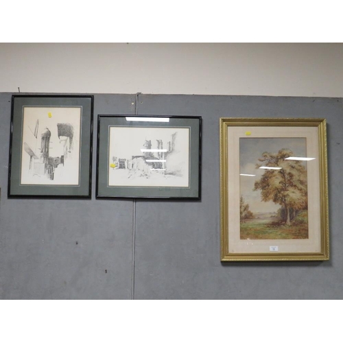 18 - A FRAMED WATERCOLOUR BY BANKS TOGETHER WITH A PAIR OF SKETCHES (3)