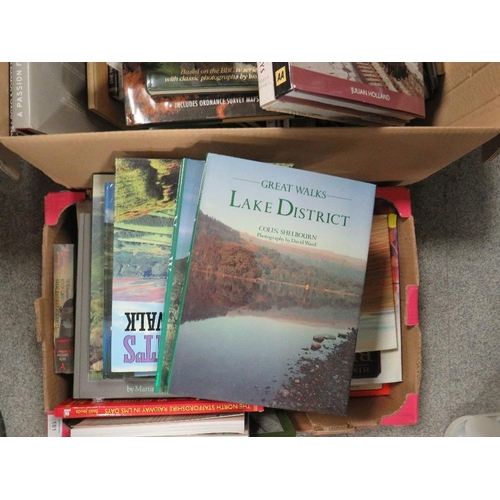 181 - TWO TRAYS OF ASSORTED MOSTLY HARDBACK BOOKS, WALKING RAILWAYS ETC