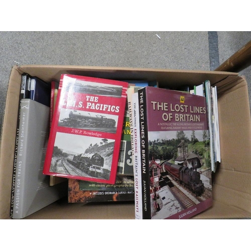 181 - TWO TRAYS OF ASSORTED MOSTLY HARDBACK BOOKS, WALKING RAILWAYS ETC