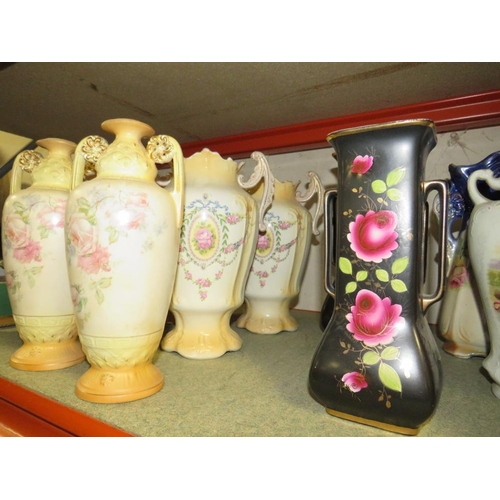 186 - A LARGE  COLLECTION OF DECORATIVE VASES TO INCLUDE TWIN HANDLE VASES 