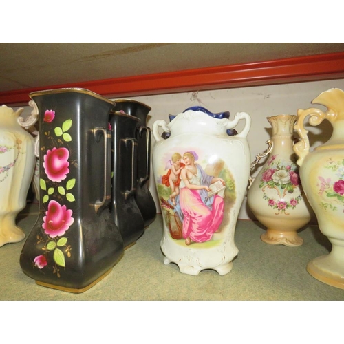 186 - A LARGE  COLLECTION OF DECORATIVE VASES TO INCLUDE TWIN HANDLE VASES 