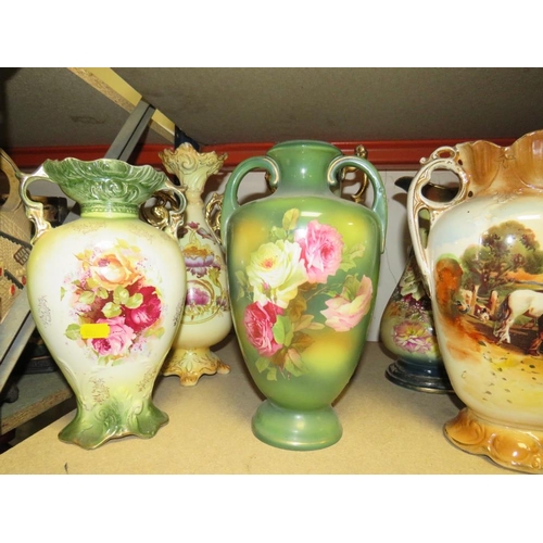 187 - A LARGE  COLLECTION OF DECORATIVE VASES TO INCLUDE TWIN HANDLE VASES 