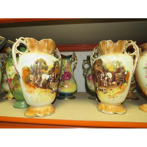 187 - A LARGE  COLLECTION OF DECORATIVE VASES TO INCLUDE TWIN HANDLE VASES 