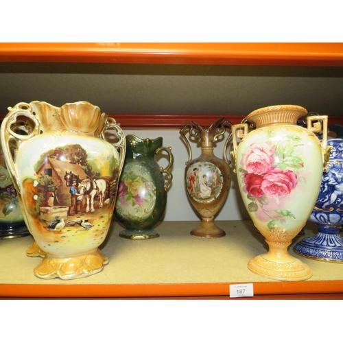 187 - A LARGE  COLLECTION OF DECORATIVE VASES TO INCLUDE TWIN HANDLE VASES 