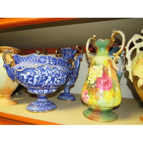 187 - A LARGE  COLLECTION OF DECORATIVE VASES TO INCLUDE TWIN HANDLE VASES 