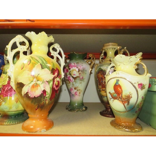 187 - A LARGE  COLLECTION OF DECORATIVE VASES TO INCLUDE TWIN HANDLE VASES 