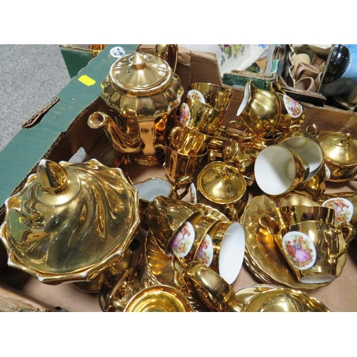 190 - THREE TRAYS OF ASSORTED CERAMICS TO INCLUDE DECORATIVE TEA SET, DISHES, CROWN DEVON ETC