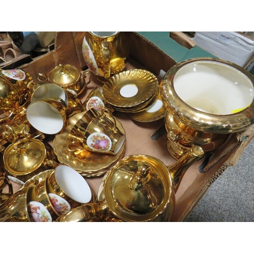 190 - THREE TRAYS OF ASSORTED CERAMICS TO INCLUDE DECORATIVE TEA SET, DISHES, CROWN DEVON ETC