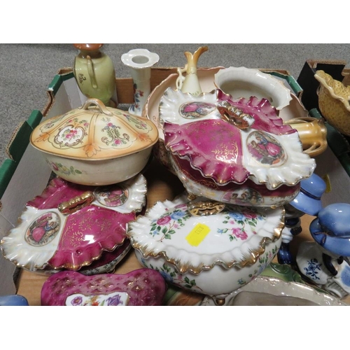 190 - THREE TRAYS OF ASSORTED CERAMICS TO INCLUDE DECORATIVE TEA SET, DISHES, CROWN DEVON ETC