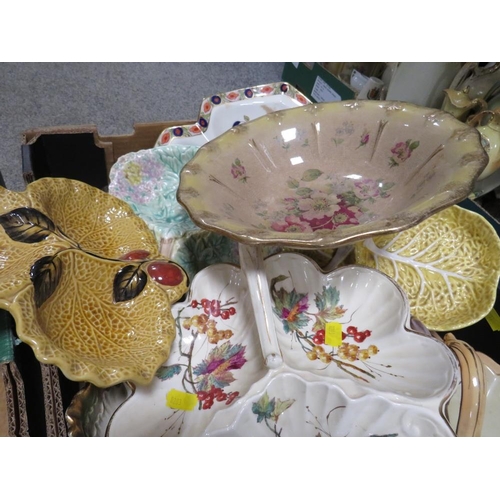 190 - THREE TRAYS OF ASSORTED CERAMICS TO INCLUDE DECORATIVE TEA SET, DISHES, CROWN DEVON ETC