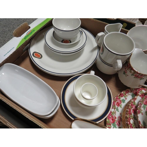 193 - FOUR TRAYS OF TEA/DINNER WARE TO INCLUDE ROYAL STAFFORD OLD ENGLISH GARDEN, COURT CHINA 