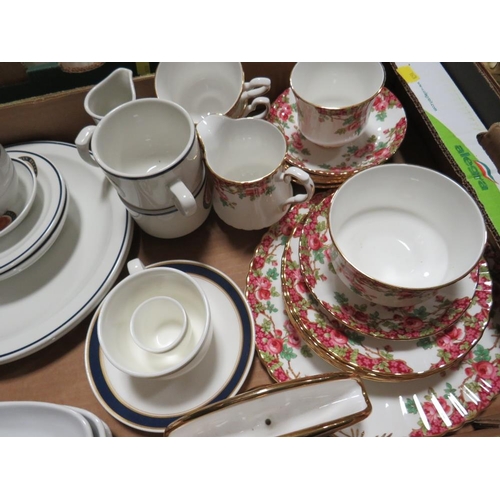 193 - FOUR TRAYS OF TEA/DINNER WARE TO INCLUDE ROYAL STAFFORD OLD ENGLISH GARDEN, COURT CHINA 