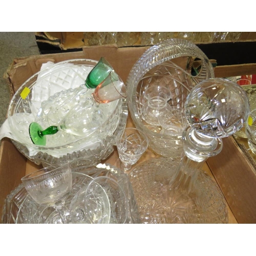 196 - THREE TRAYS OF ASSORTED GLASS WARE TO INCLUDE DECANTERS , VASES AND CUT GLASS DRINKING GLASSES