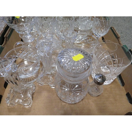 196 - THREE TRAYS OF ASSORTED GLASS WARE TO INCLUDE DECANTERS , VASES AND CUT GLASS DRINKING GLASSES