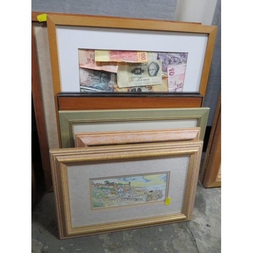 21 - A QUANTITY OF ASSORTED PICTURES TO INCLUDE FRAMED BANKNOTES