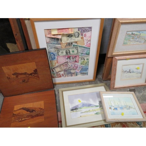 21 - A QUANTITY OF ASSORTED PICTURES TO INCLUDE FRAMED BANKNOTES