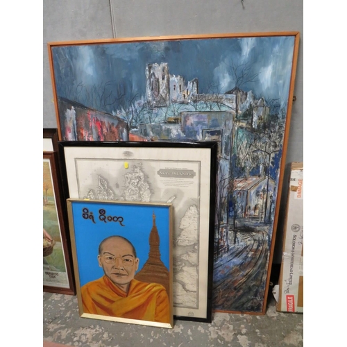 27 - A LARGE IMPRESSIONIST OIL ON BOARD 123 X 92 CM WITH A BUDDHIST OIL AND MAP (3)