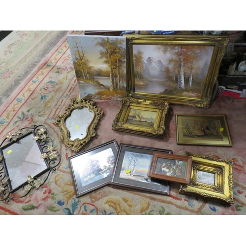 35 - A BOX OF ASSORTED MIRRORS AND PICTURES