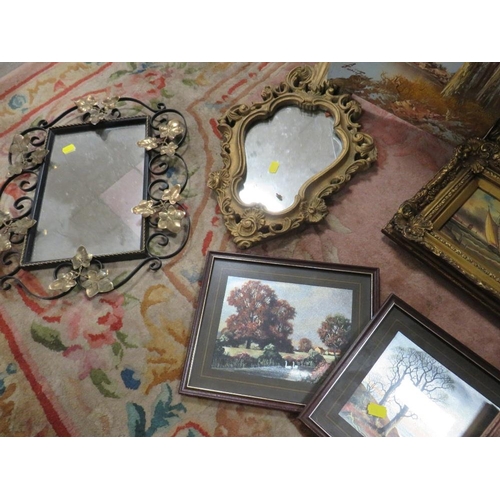 35 - A BOX OF ASSORTED MIRRORS AND PICTURES