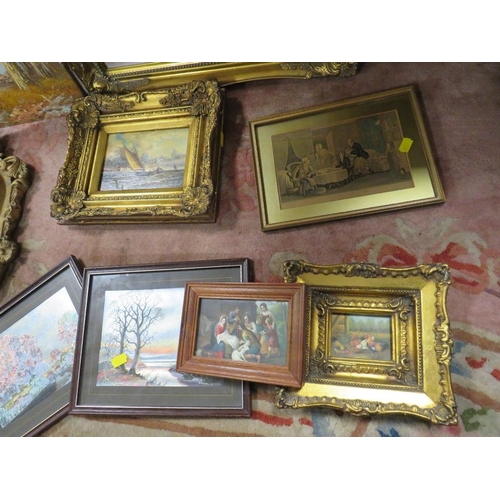 35 - A BOX OF ASSORTED MIRRORS AND PICTURES