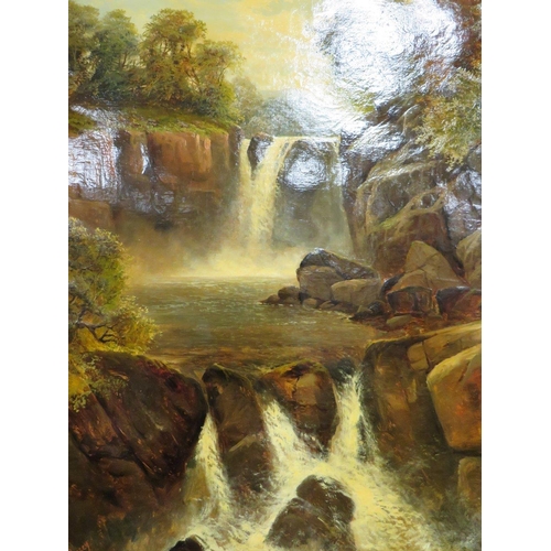 44 - C H PASSEY - A VICTORIAN OIL ON CANVAS DEPICTING A WATERFALL, 90 X 70 CM