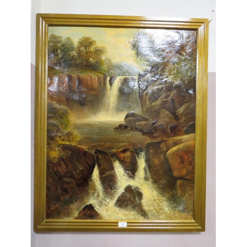 44 - C H PASSEY - A VICTORIAN OIL ON CANVAS DEPICTING A WATERFALL, 90 X 70 CM