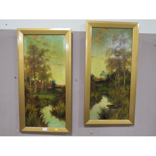 45 - H A ADAMS - A PAIR OF ANTIQUE OIL ON CANVAS DEPICTING RIVER SCENES, 82 X 36.5 CM (2)