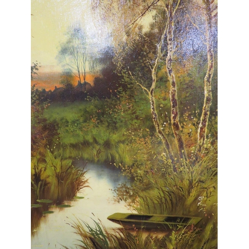 45 - H A ADAMS - A PAIR OF ANTIQUE OIL ON CANVAS DEPICTING RIVER SCENES, 82 X 36.5 CM (2)