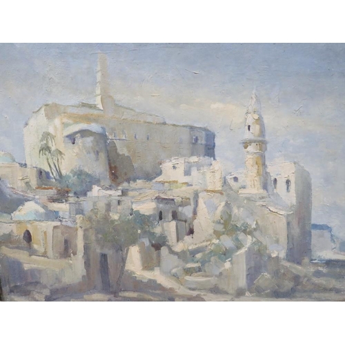 46 - CONTINENTAL SCHOOL - AN ITALIAN ? OIL ON CANVAS BOARD DEPICTING A WALLED TOWN, 45 X 65 CM