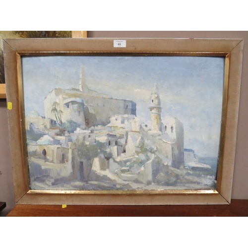 46 - CONTINENTAL SCHOOL - AN ITALIAN ? OIL ON CANVAS BOARD DEPICTING A WALLED TOWN, 45 X 65 CM