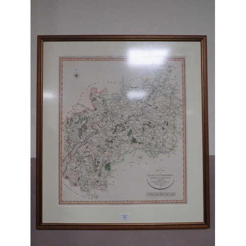 47 - A FRAMED MAP OF GLOUCESTERSHIRE - AFTER CARY, TOGETHER WITH TWO MODERN LARGE PRINTS (3)