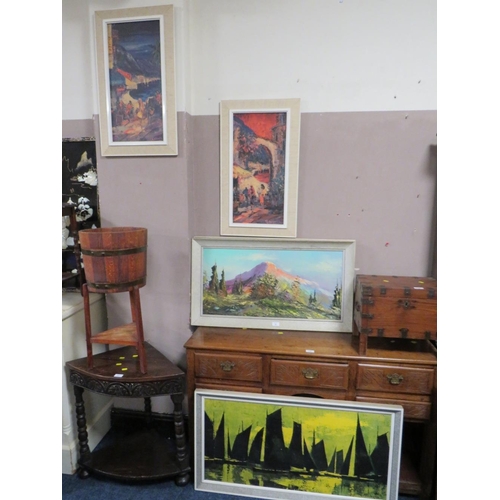 48 - A PAIR OF CONTINENTAL ALPINE OIL ON CANVAS & A PAIR OF PRINTS PLUS ONE OTHER (5)