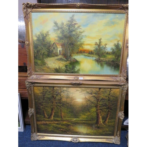 49 - A PAIR OF LARGE OIL ON CANVAS RIVER SCENES-  SIGNED 60 X 90 CM (2)