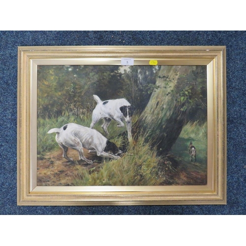 5 - AN OIL ON BOARD DEPICTING DOGS HUNTING A RABBIT SIGNED BUT INDISTINCT 37 X 52 CM