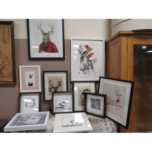 50 - ELEVEN ASSORTED MODERN PRINTS INCLUDING STAGS (TOP WALL)