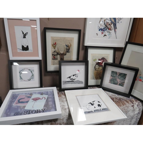 50 - ELEVEN ASSORTED MODERN PRINTS INCLUDING STAGS (TOP WALL)