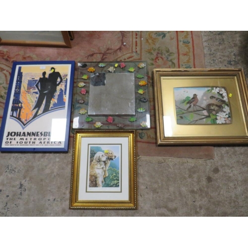 7 - AN UNUSUAL FISH THEMED MIRROR, NIGEL HEMMING PRINT ETC (4)