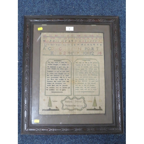 8 - A FRAMED 19TH CENTURY SAMPLER BY MELENA DRIVER, DATED 1814  40.5 X 31.5 CM