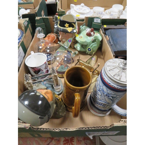 86 - A TRAY OF AVIATION RELATED COLLECTABLES TO INCLUDE TEAPOTS , BOSSONS WALL PLAQUES ETC