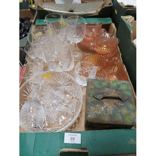 89 - TWO TRAYS OF ASSORTED GLASSWARE TO INCLUDE A MATCHING SET OF THREE DECANTERS