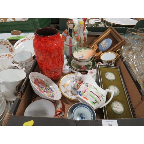 94 - THREE TRAYS OF ASSORTED CERAMICS TO INCLUDE WEDGWOOD JASPERWARE , FRANZ ORIENTAL EXAMPLES ETC