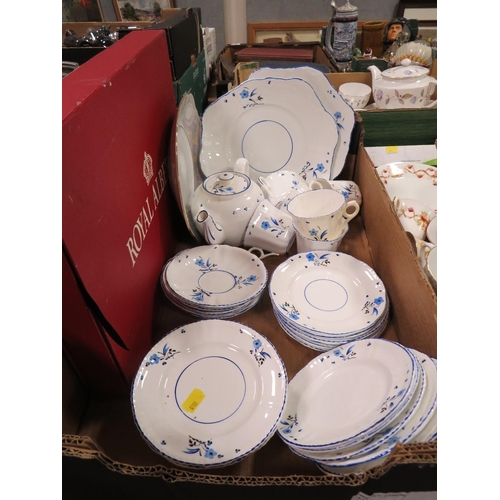 94 - THREE TRAYS OF ASSORTED CERAMICS TO INCLUDE WEDGWOOD JASPERWARE , FRANZ ORIENTAL EXAMPLES ETC