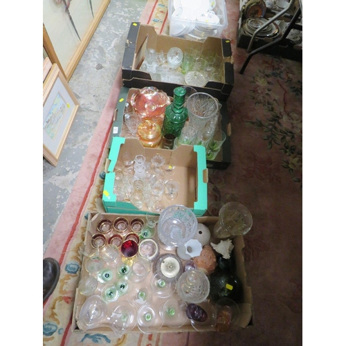 96 - FOUR TRAYS OF ASSORTED GLASSWARE TO INCLUDE CUT GLASS VASES ETC